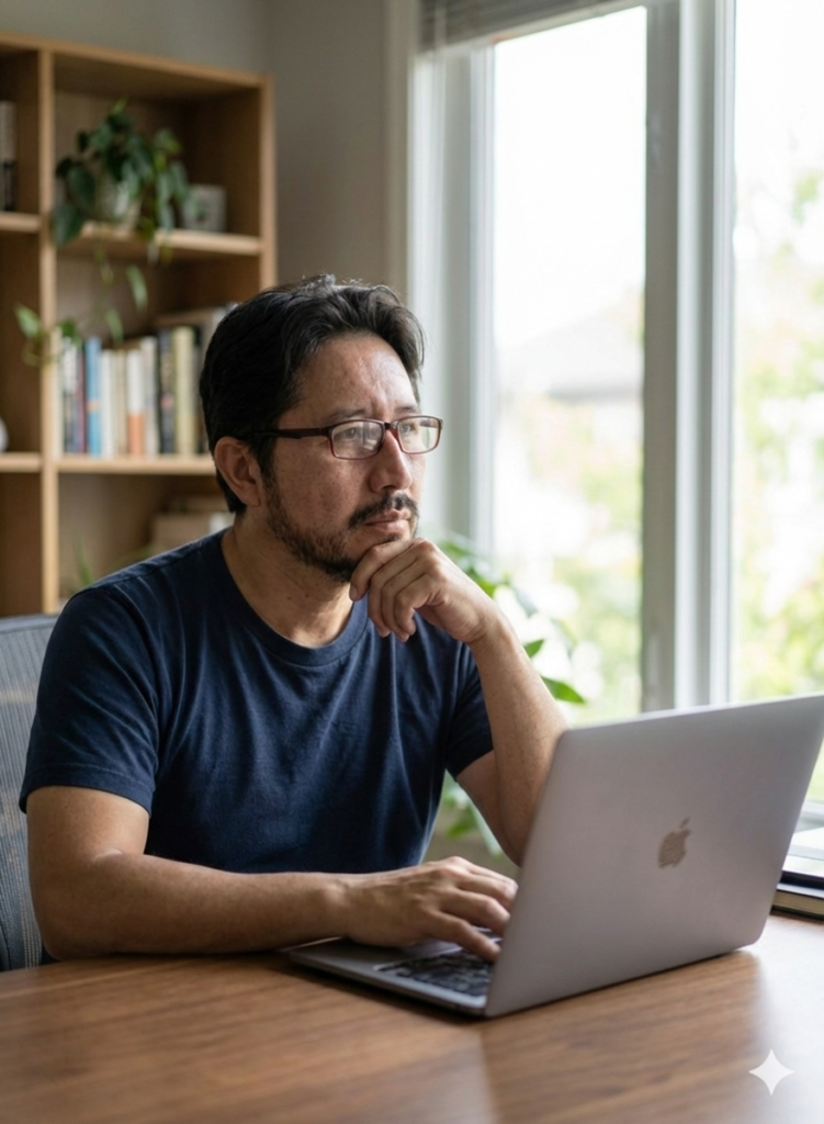 Hombre de lentes en oficina viendo una laptop
